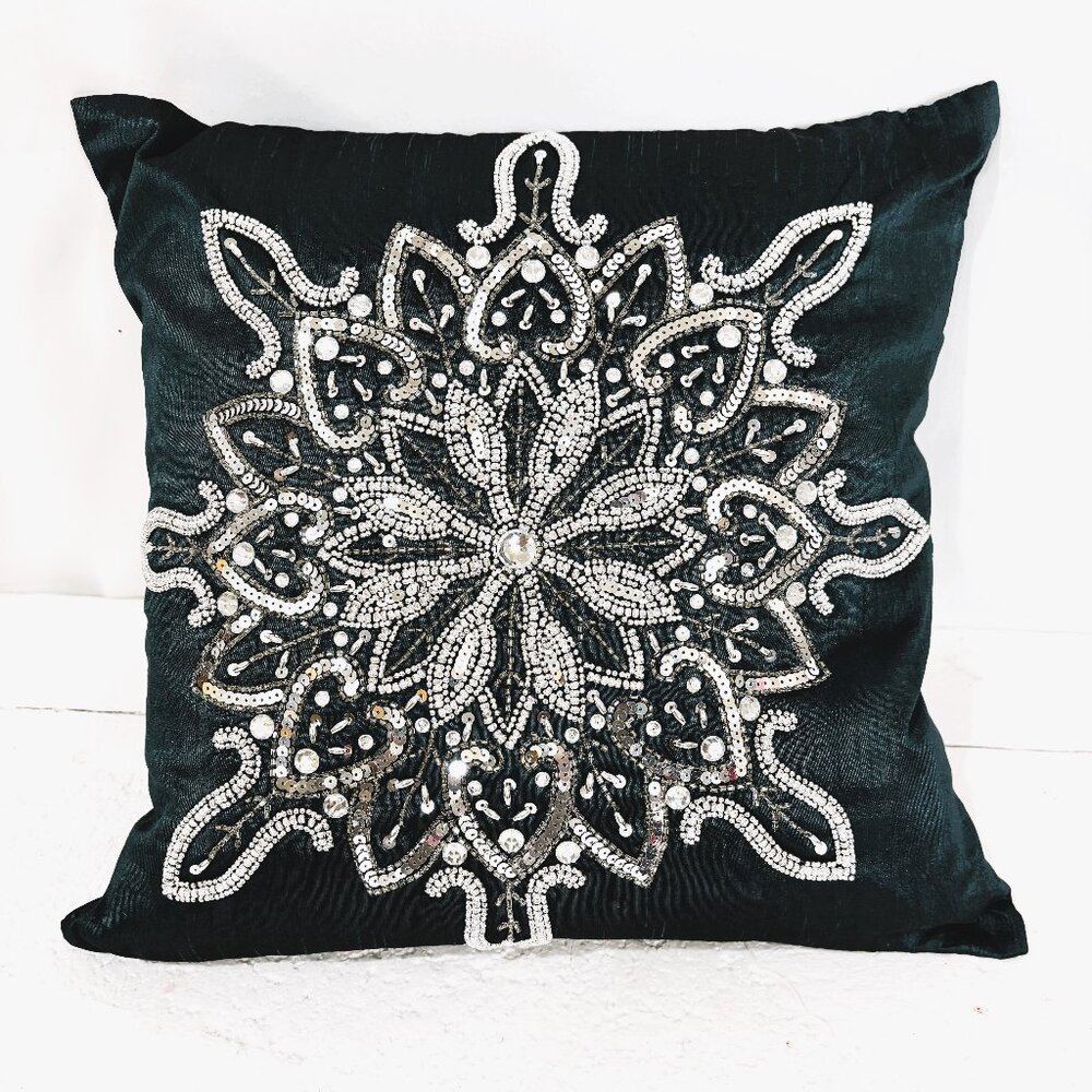 Christmas Snowflake Teal Sequin Beaded Pillow Cushion Deor  by Spencer